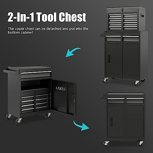 Goplus 5-Drawer Rolling Tool Chest with Detachable Top Box – Black, Lockable Wheels