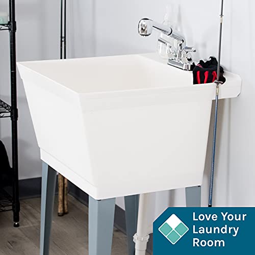 White Utility Sink Laundry Tub with Pull-Out Chrome Faucet - Heavy Duty Slop Sink for Laundry, Basement, Garage, or Workshop - JS Jackson Supplies