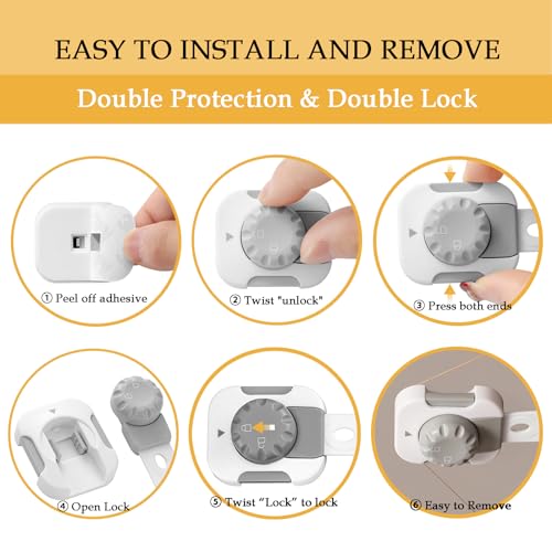 Fursafe&Q Child Safety Cabinet Proofing, Baby Cabinet Locks Adhesive Adjustable Child Safety Strap Locks Drawer Fridge Ovens Toilet Latches No Screws for Furniture Kitchen 6 Pack