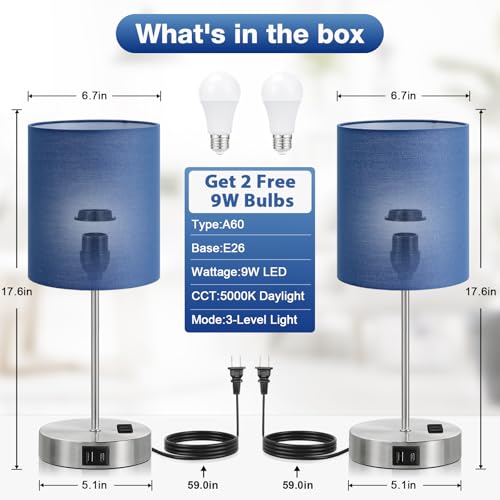 Fenmzee Touch Bedside Lamps Set of 2 - Blue-Silver, 17.6in Dimmable USB-C & AC Outlet
