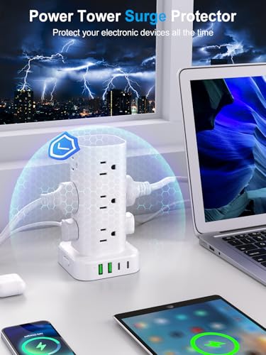 UWIWUTEI 6FT Power Strip Tower Surge Protector with 12 Outlets & 4 USB Ports - White, No Wireless Charging