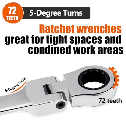 9/16 Inch Ratchet Wrench Imperial, Flex Head Combination Wrench 72-Teeth 12 Point Box End Wrench Spanner, Chrome Vanadium Steel