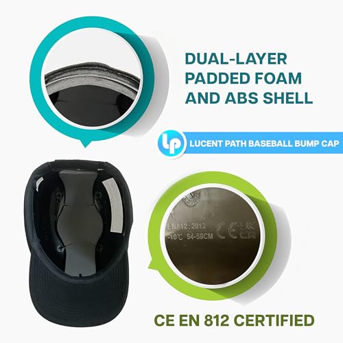 Black Baseball Safety Bump Cap - 100% Cotton, Impact-Resistant ABS Shell, Dual-Layer Padded Foam, Breathable, Adjustable Head Protection Hard Hat Cap