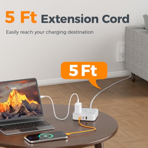 TESSAN 5 Ft Flat Power Strip with Surge Protector, 2 USB-C Ports & 7 Outlets