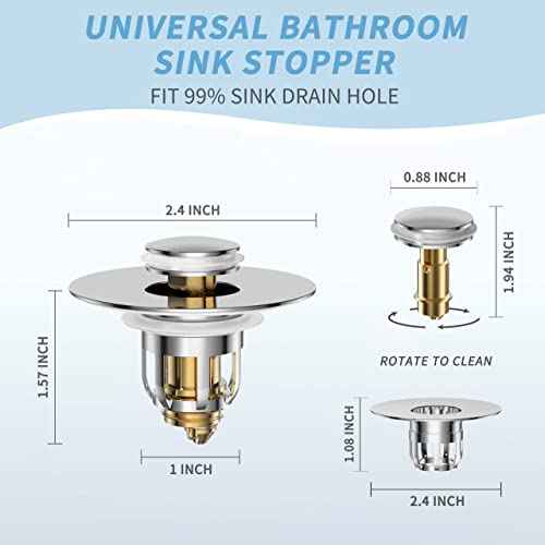 Universal 2 in 1 Bathroom Sink Stopper, Pop Up Bathroom Sink Drain Strainer with Anti-Clogging Filter Basket, Bathroom Drain Stopper Sink Plug for 1.06"-1.65" Basin Drain Holes