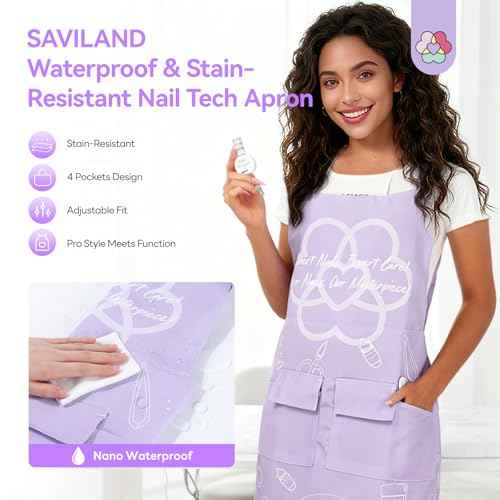 SAVILAND Advanced Nail Tech Apron: Waterproof with Multiple Pockets Stain-Resistant Professional Cosmetics Apron Adjustable Salon Aprons for Manicurist Technician Artist Women Cosmetology Smock
