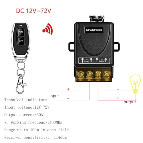 NEWNEWLIU 12V-72V Wireless Remote Switch with 30A Relay for High-Power Devices