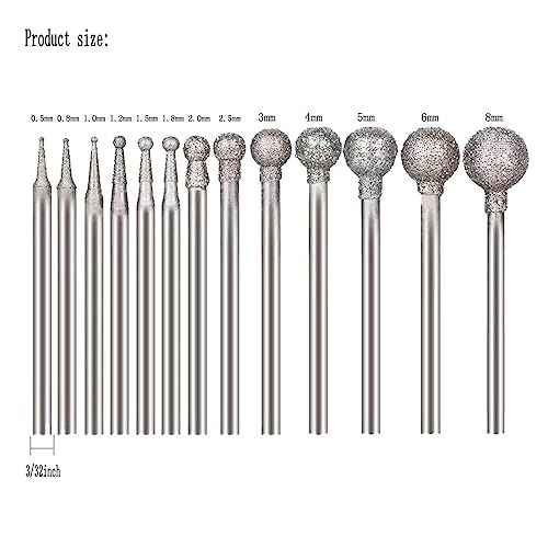 ?????? ???? 13 Pcs Ball Shape Diamond Burr - 3/32'' Shank Diamond Mounted Round Ball Burs Stone Carving Bits for Rotary Tools includes Dremel