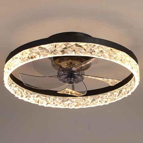 PSHRFANST 19.7" Modern Low Profile Ceiling Fan with Lights and 6-Speed Remote, Dimmable LED, Reversible Quiet DC Motor - Ideal for Bedroom, Kitchen, Office (Black)