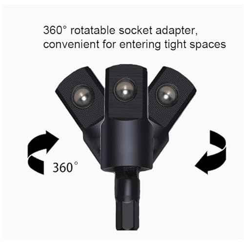 4-in-1 Impact Drill Bit Extension Set with a 105¡Æ angle screwdriver bit, right angle drill adaptor, and 360¡Æ rotatable socket adapters for 1/4", 3/8", and 1/2" sizes