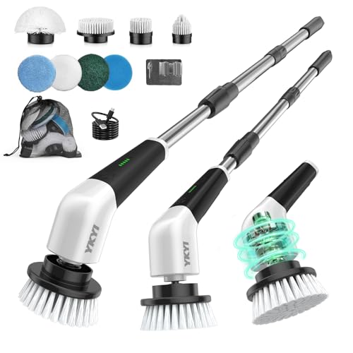 YKYI White Cordless Electric Spin Scrubber with Long Handle & 8 Brush Heads