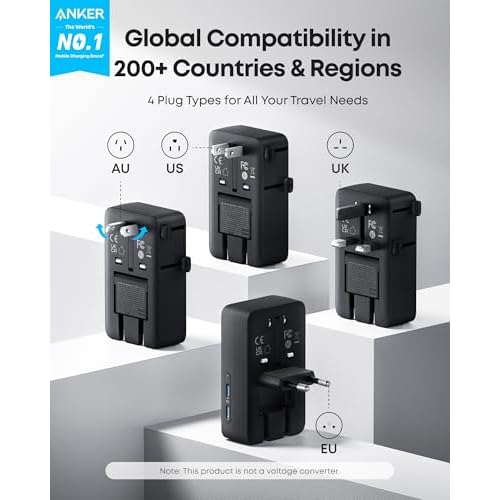 Anker Nano Travel Adapter, 5-Port Power Adapter with 1 AC, 2 USB-A, and 2 USB-C Ports, Smart Temperature Control, Compatible with Over 200 Countries, Ideal for Travel (1-Pack)