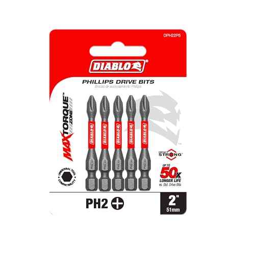 Diablo Phillips Drive Bits with Anti-Slip Tip - Impact Strong, #2, 1/4" Hex Shank, 2" Length, 5-Pack - DPH22P5