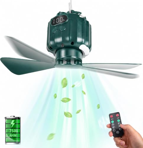 DUKUSEEK Portable Tent Ceiling Fan with Light & 7500mAh Power Bank - Green Small Version