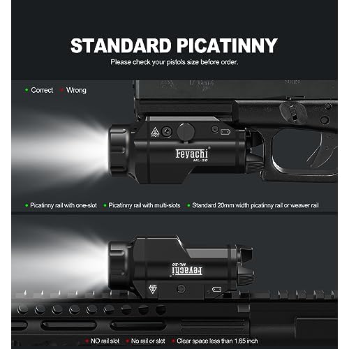 Feyachi HL-20 Pistol Light 1500 Lumen Upgrade LED Weapon Light Compact Rail Mounted Handgun Tactical Flashlight Rail Locating Keys for Picatinny, Black