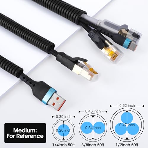Flexible Split Wire Loom Tubing 1/4, 3/8, 1/2 Inch x 50 FT - Black Cable Management