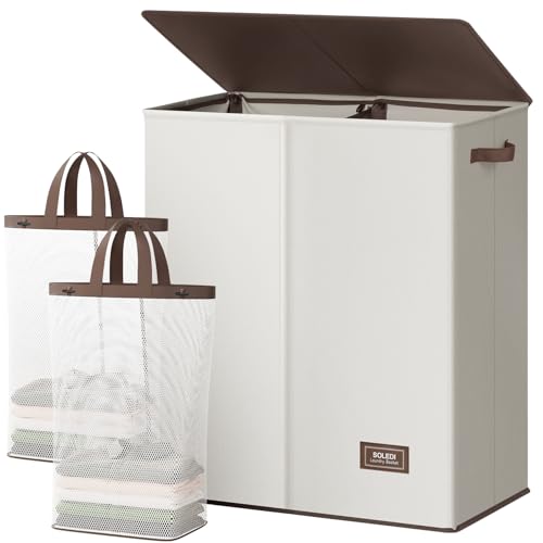 SOLEDI 145L Off-White Luxury Double Laundry Hamper with Lid & Removable Bags, 2-Compartment Collapsible Basket