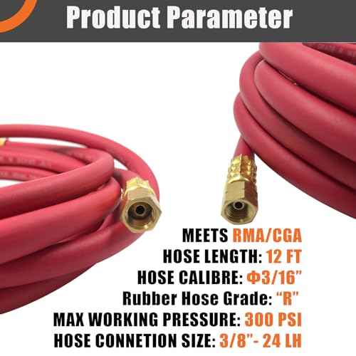 0386-1090 AH-12 Air Acetylene Torch Hose with Lashing Strap, 12FT, "A" Fitting, Replacement Welding Hose Compatible with Torch AR-B/AR-MC Regulators, G4/PLF-A Handles, B/MC Tanks