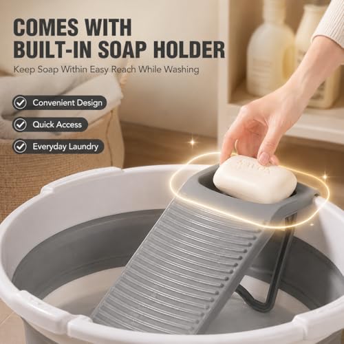 VEMJO Gray White 20x20 Inch Collapsible Laundry Basin with Detachable Washboard, 8 Gallon Capacity for Hand Washing, Camping & Small Spaces