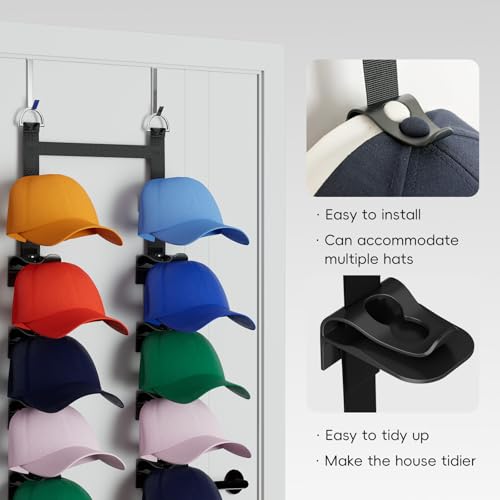 Over-the-Door Hat Rack Organizer for 40 Caps, Black, 2 Strap-Up