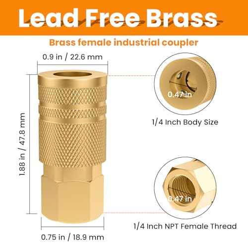 1/4 Inch Brass Female Industrial Coupler, 1/4'' NPT Air Hose Fittings, Quick Connector Air Coupler for Auto Shop, 2 Pack