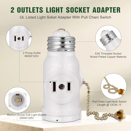 2-Pack E26 Light Socket Adapter with Pull Chain Switch - Converts Medium Screw to Dual Outlets, UL Listed, White