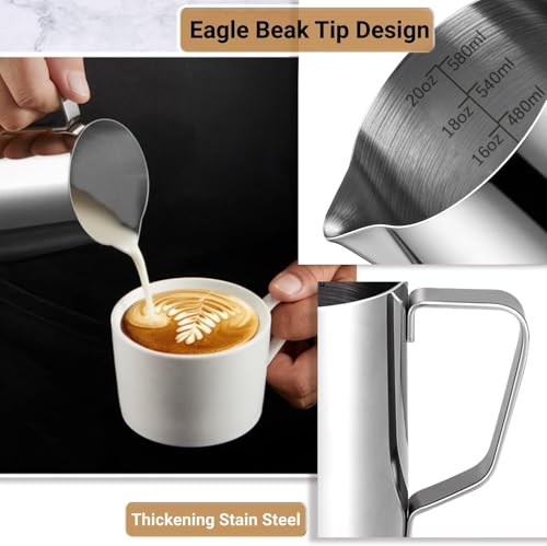Milk Frothing Pitcher 600ml Stainless Steel Cup with Latte Art Pen, UMUACCAN Silver 20.29 oz