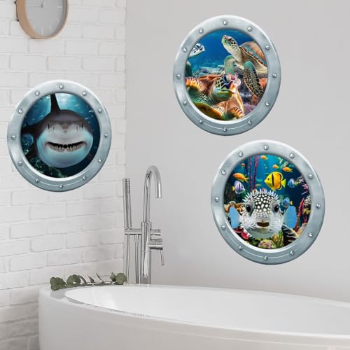Runtoo Under The Sea Wall Decals Stickers 3D Shark Sea Turtle Window Clings for Kids Room Nursery Bedroom Bathroom Home Decor [3PCS]
