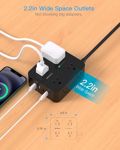 HANYCONY 5Ft Flat Power Strip Surge Protector with 12 Outlets & USB C