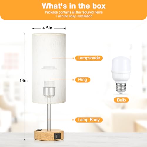 Fenmzee Cream Shade Wood Base Dimmable Touch Bedside Table Lamp with USB-C, USB-A & Outlet