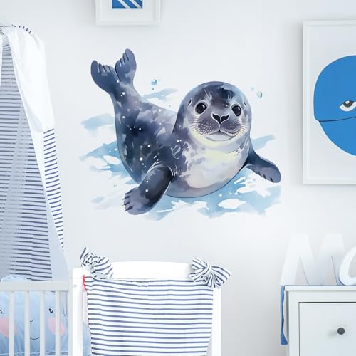 Baby Seal Wall Decals Removable Watercolor Sea Dog Vinyl Stickers for Nursery Living Room and Kids Playroom Ocean Theme Decor Peel and Stick Wall Art