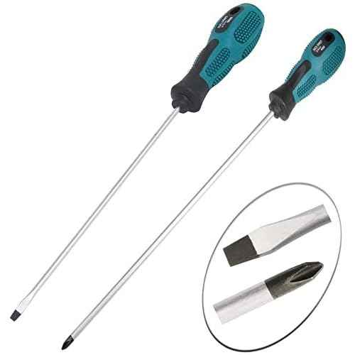 2 Pack 12-Inch Slotted Phillips Screwdriver Set,PH2 Long Flat Blade and Cross-Head Design, Magnetic Extended Screwdriver With Rubber Handle