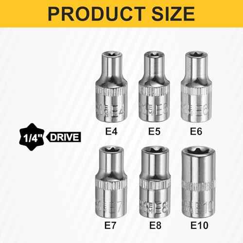 HARFINGTON 6pcs E-Torx Socket 1/4" Drive E4-E10 External Torx Deep Socket CR-V 6 Point Spline Socket Star Female Bit Socket for Auto Repairs Home Maintenance DIY Hand-making 1" Length
