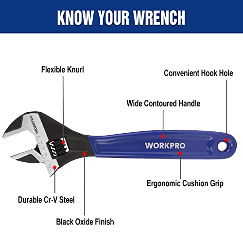 WORKPRO Blue 2-Piece Adjustable Wrench Set 6-Inch & 10-Inch, Dual-Scale, Drop-Forged Steel