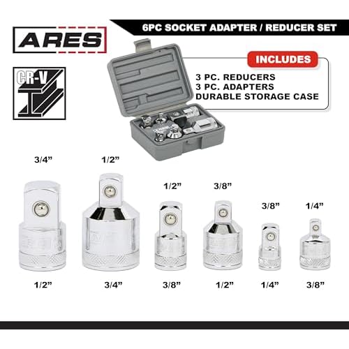 ARES 36017 ? 6-Piece Socket Adapter Set ? 1/4-Inch, 3/8-Inch, 1/2-Inch, and 3/4-Inch Socket Adapters and Reducers ? Premium Chrome Vanadium Construction Meets or Exceeds ANSI Standards