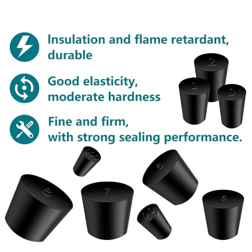12pcs Laboratory Grade Rubber Stoppers 5# Assorted Tapered Bungs Set, Black Silicone Plugs
