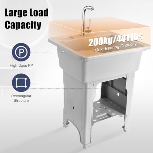 Plastic Freestanding Laundry Sink with Faucet & Washboard - Grey, 25.6x21.65x31.5 inches
