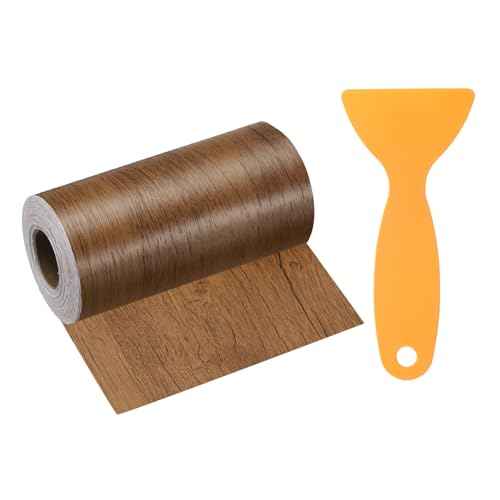 HARFINGTON Wood Grain Repair Tape 4 Inch x 33ft Self Adhesive Repair Patch Tape Simulated Wooden Floor Tapes with Plastic Scraper for Tables Doors Windows Furniture, Brown Wood