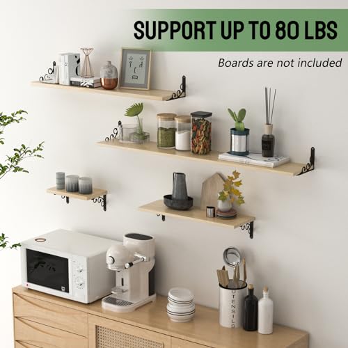 IARTOPS 7.75-inch Heavy Duty Metal L Shelf Brackets for 8-10 Inch Boards, 6 Pack, Black, Rustic Wall Mount DIY Shelving