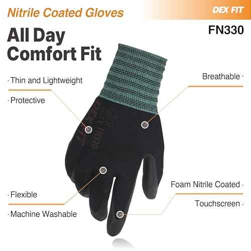 DEX FIT Nitrile Work Gloves FN330, 1 Pair, 3D-Comfort Stretchy Fit, Firm Grip, Thin & Lightweight, Touch-Screen Compatible, Durable, Breathable & Cool, Machine Washable; Black L (9)