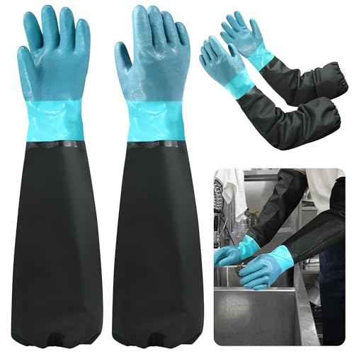 27" Chemical Resistant Gloves, Extra Long Elbow Length Rubber Glove with Cotton lining, Reusable Full Arm Pond Gloves for Dishwashing Cleaning Waterproof Resist Strong Acid, Alkali, Oil, XLL
