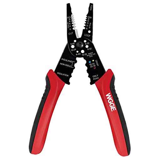 WGGE WG-015 Professional 8-inch Wire Stripper/Crimping Tool, Cable Cutter/Crimper, Wiring and Multi-Function Hand Tool, Red With Black