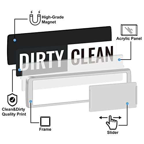 K KitchenTour Dishwasher Magnet Clean/Dirty Sign - Large Text, Silver Frame, 7x2 in, Strong Magnetic, Includes Adhesive Stickers (2-1-abs-black&white)