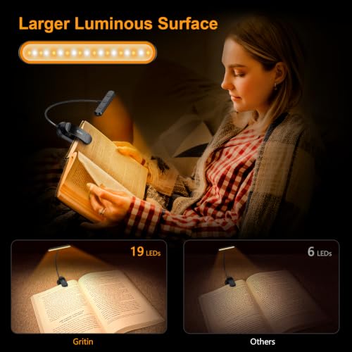 Gritin Rechargeable Book Light Black, 19 LED Reading Light with Adjustable Brightness & 360° Flexible Neck