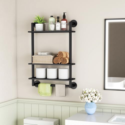 Bathroom Shelves Wall Mounted, 3 Tier Towel Racks with Towel Bar, 26in Stainless Steel Floating Pipe Shelves Over Toilet, Wall Shelves for Bathroom Laundry Room Kitchen Storage