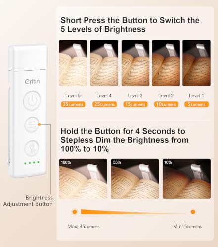 Gritin Rechargeable Clip-On LED Book Light - White, Eye-Caring Reading Lamp