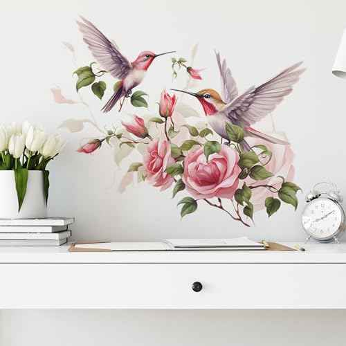 Pink Rose Hummingbird Flower Wall Stickers, sacinora Romantic Floral Art Bird Wall Decals Removable Vinyl Peel and Stick for Living Room Bedroom Nursery Playroom Kitchen Decorations