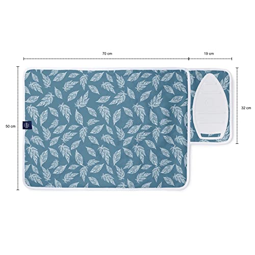 Encasa XO Big Leaves Blue Small 28x20 Ironing Mat - Heat-Resistant Table Top Pad