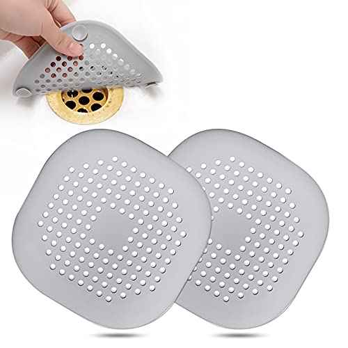 Hair Drain Catcher,Square Drain Cover for Shower Silicone Hair Stopper with Suction Cup,Easy to Install Suit for Bathroom,Bathtub,Kitchen 2 Pack (Sliver Grey)