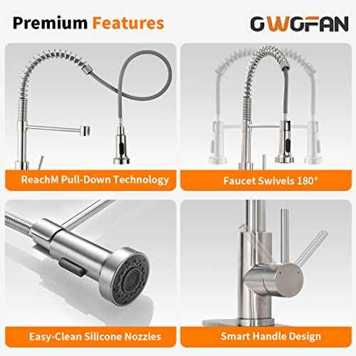 OWOFAN Kitchen Faucet with Pull Down Sprayer Brushed Nickel Stainless Steel 1 Handle Pull Out Spring Sink Faucets 1 Hole Or 3 Hole Dual Function for Farmhouse Camper Laundry Utility Rv Wet Bar